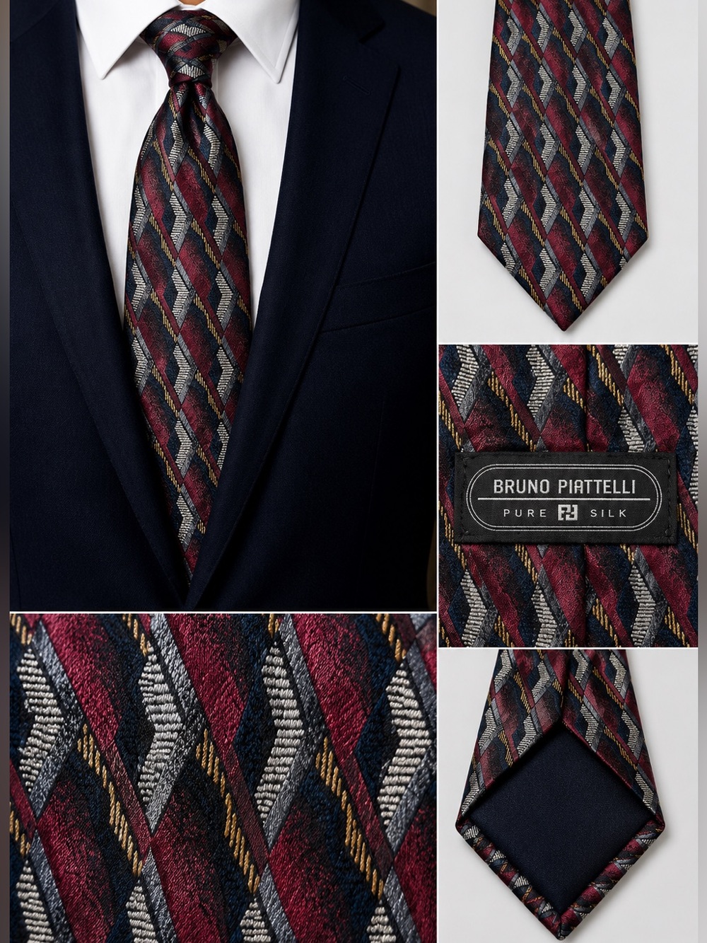 Piattelli Red and Blue Silk Tie with Geometric Design